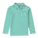 Green and White Stripe Long Sleeve Polo With Patch Pocket
